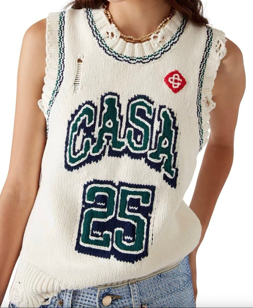 Casablanca “CASA 25” Distressed Knit Vest – Cream