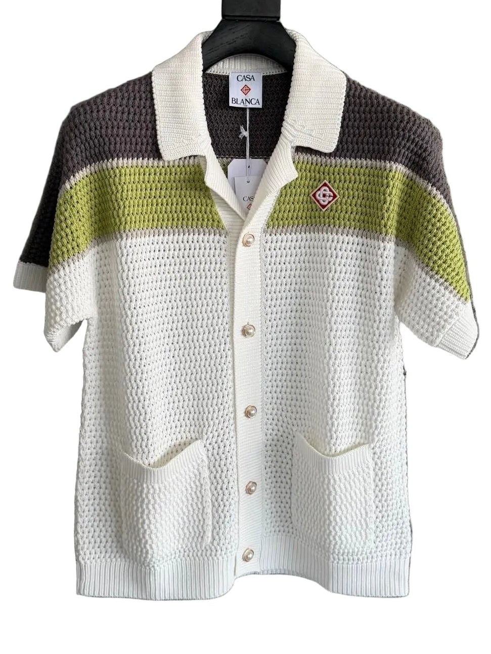 Casablanca Striped Crochet Knit Shirt – Olive